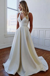 Ivory Satin A-line V-neck Wedding Dresses with Pockets, Bridal Gowns